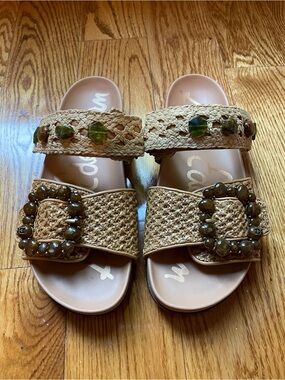 Sam Edelman Woven Raffia Slide Sandals with Beaded Buckles - Natural